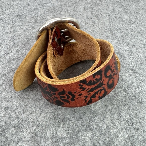 VTG Lucky Brand Belt Womens 32 Leather Floral BURUR 318‎ Boho Silver Tone Brass